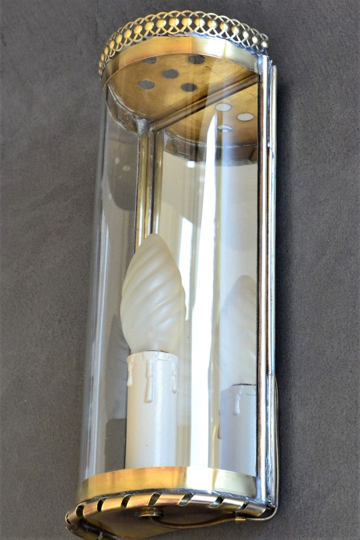 vintage mirror wall lamp, domed glass and golden brass