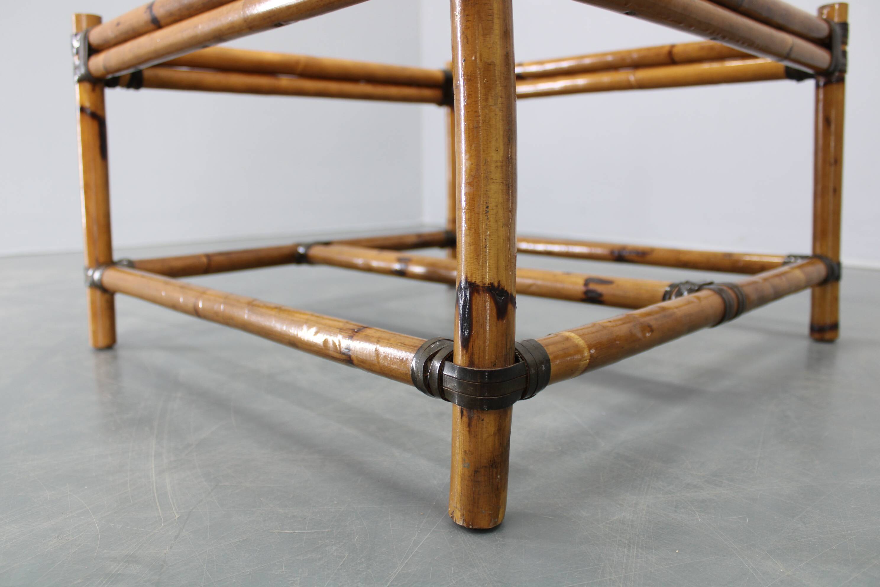 Vintage bamboo coffee table with smoked glass top
