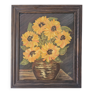 Oil on Canvas Still Life Flowers Bouquet Sunflowers Signed Livera
