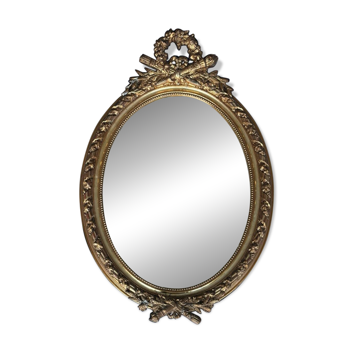 19th century oval gilded mirror, torch & quiver 106cm