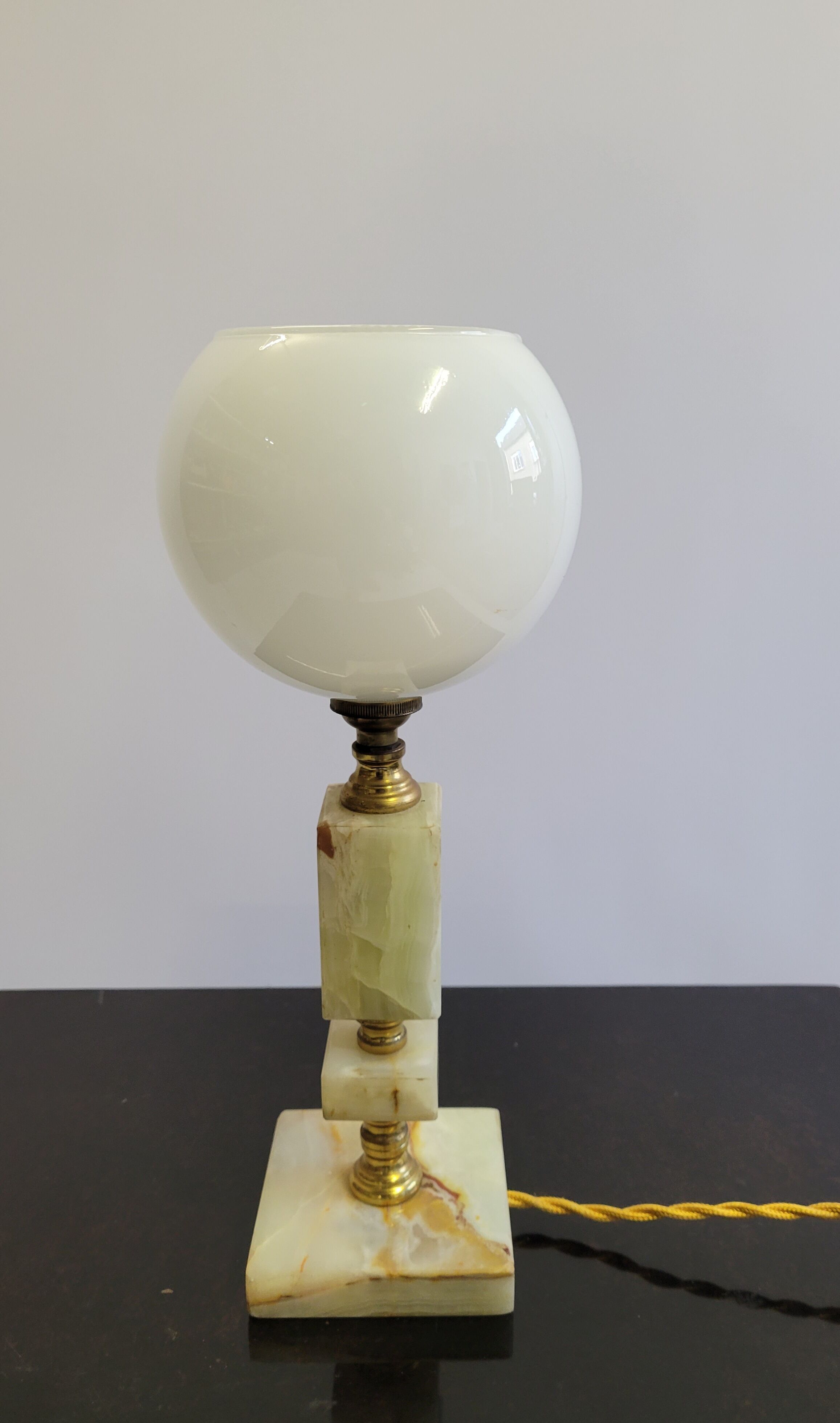 Onyx and brass lamp with opaline globe