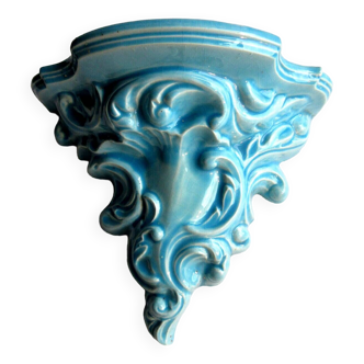 Blue enameled ceramic wall console, Acanthus and foliage in relief