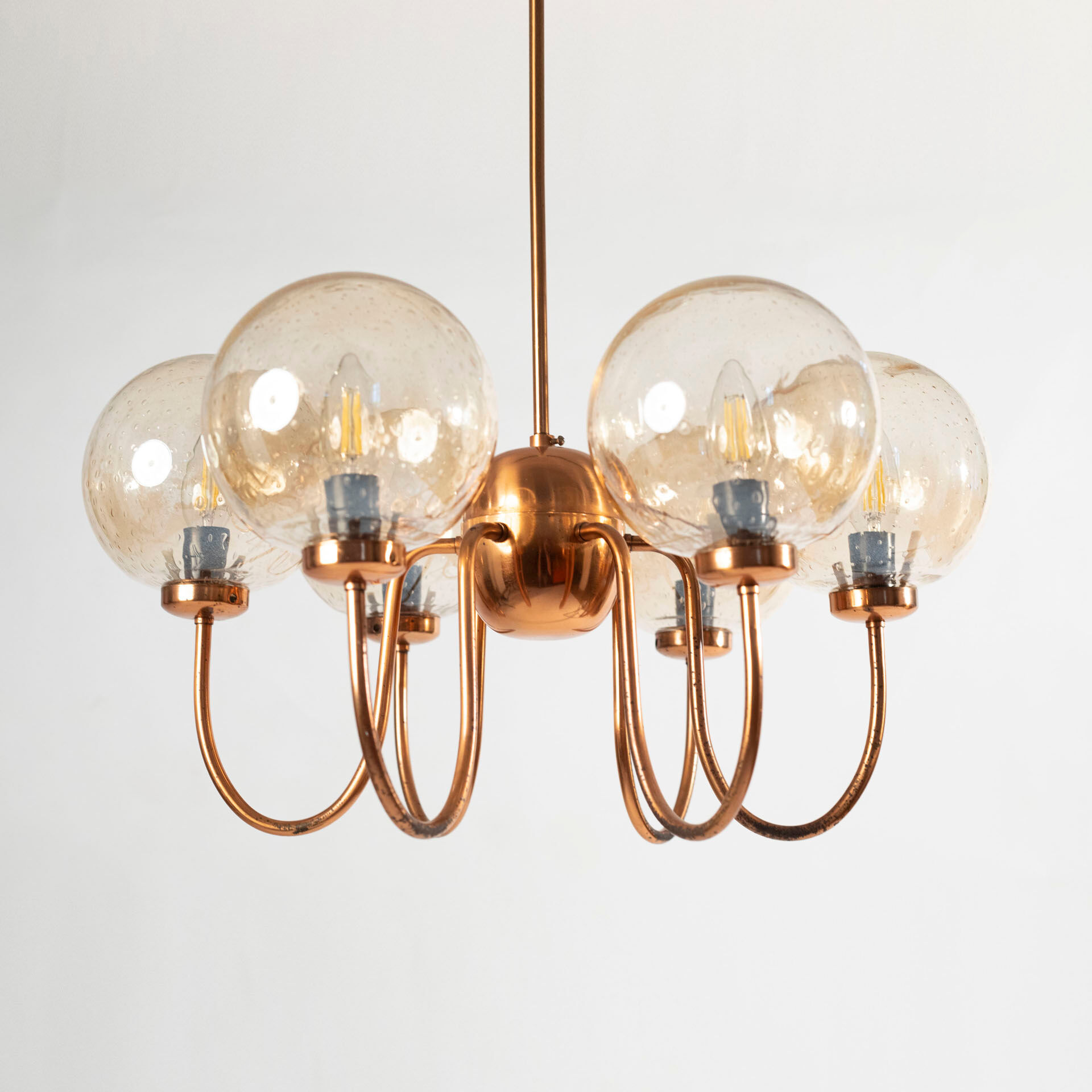 Chandelier in patinated copper and bubble glass produced by elmed, poland, 1970s