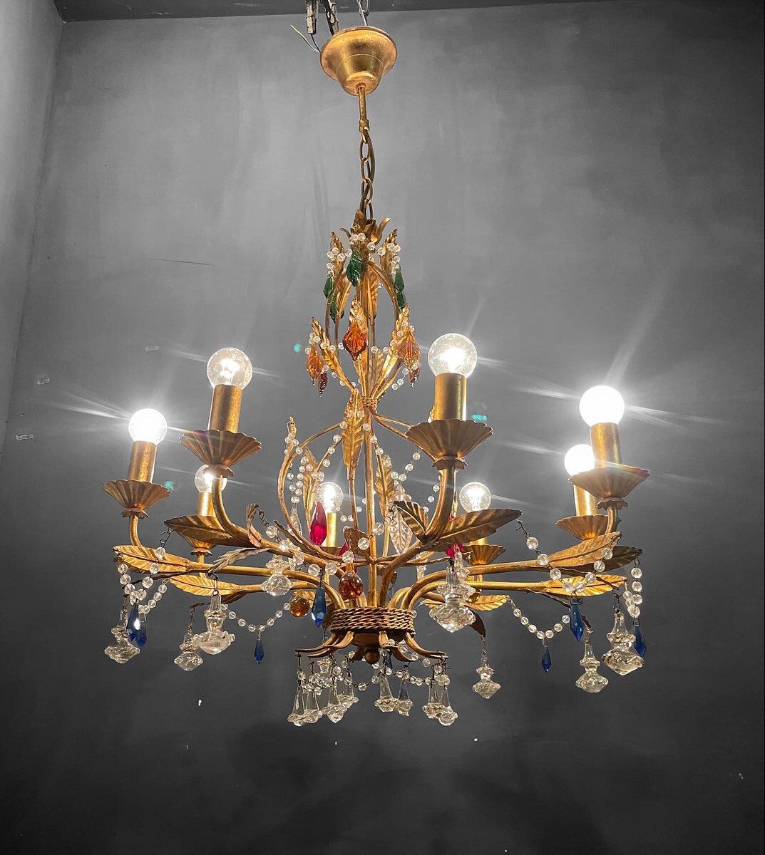 Italian Florentine Gold Gilded Murano Glass Chandelier