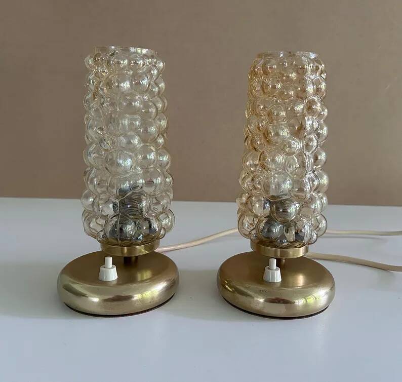 Pair Vintage  Lamps, Bedside, Bubble Glass