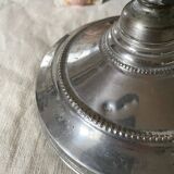 Antique jeweller's lamp, silver-plated base, frosted pink glass shade.