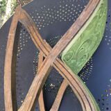 1950s footstool in carved wood and satin green patterned velvet
