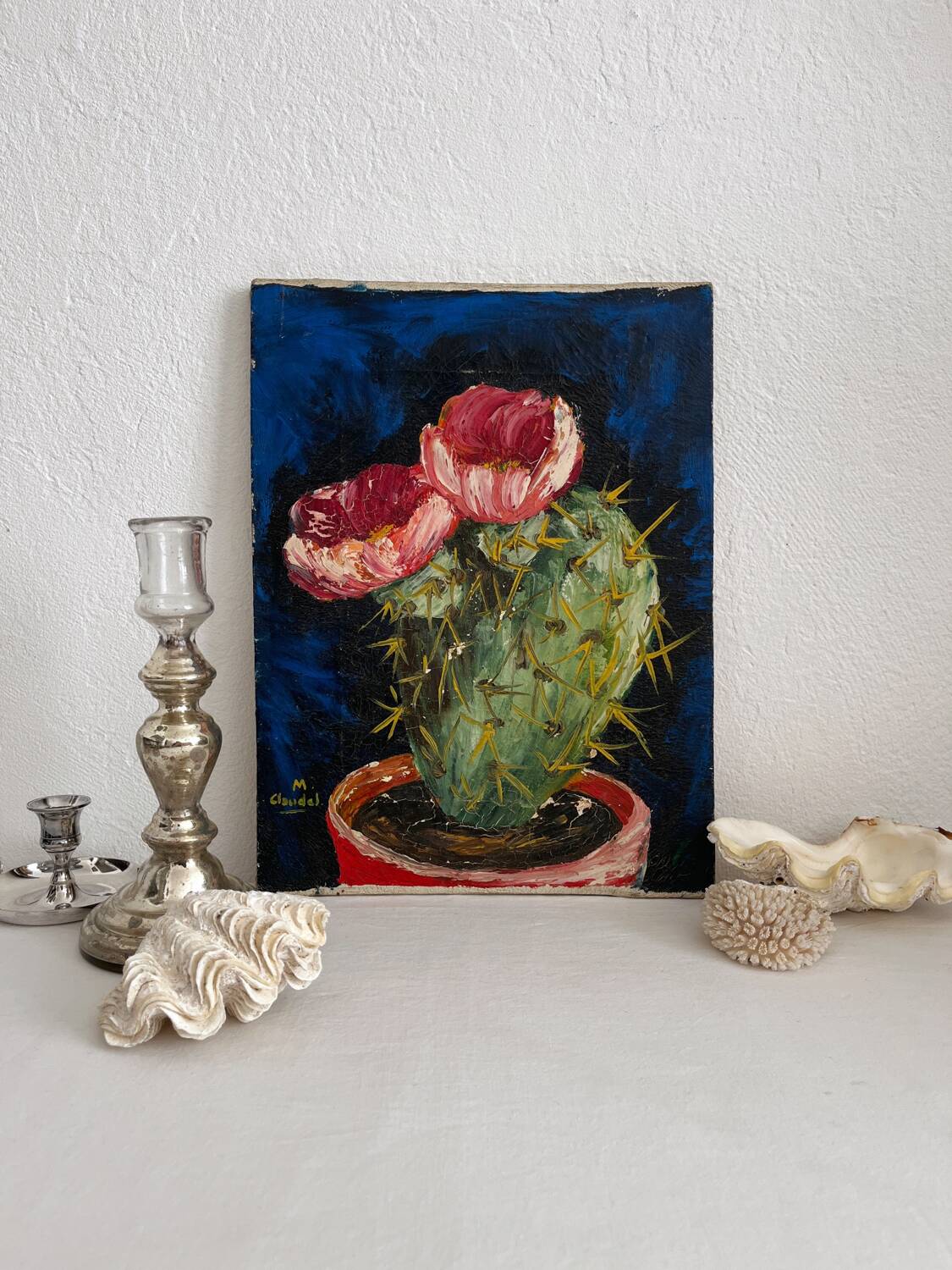 Peinture ancienne huile sur toile cactus signée Claudel