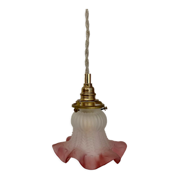 Baladeuse tulipe vintage en verre dépoli rose et blanc