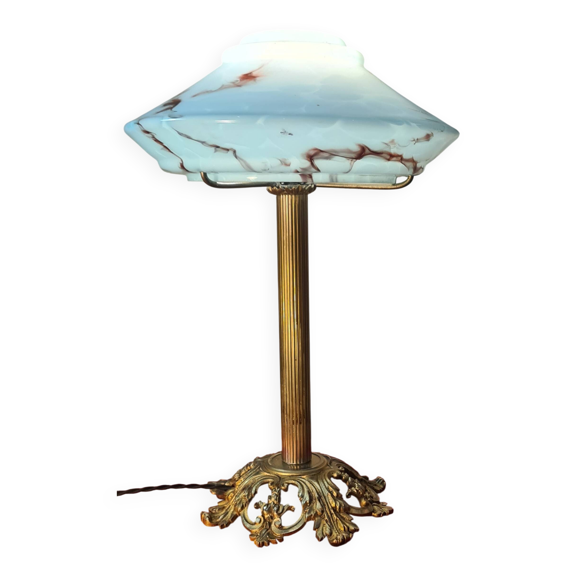 bronze and brass art deco lamp opaline marbled 45x30 with new electrics int