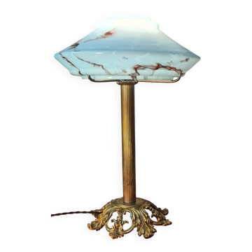 bronze and brass art deco lamp opaline marbled 45x30 with new electrics int
