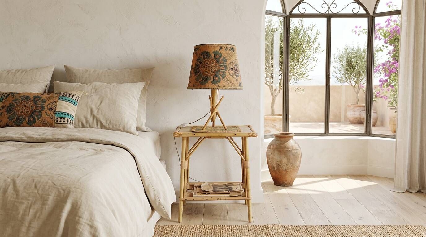 Vintage bedside table in bamboo and rattan with decorative top.