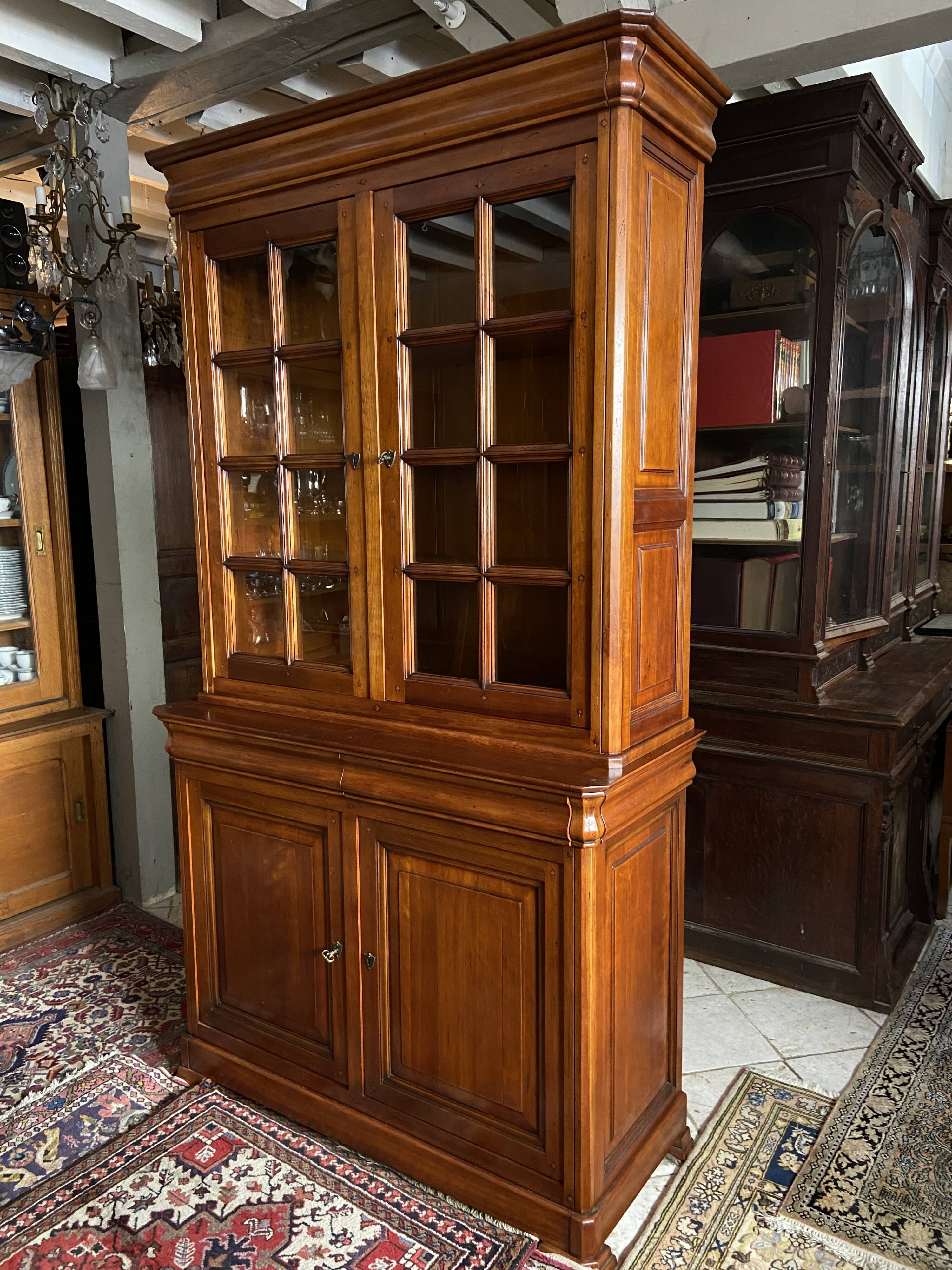 Library buffet two-body display cabinet solid cherry Louis-Philippe