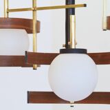 Italian 3-globe pendant light in opaline with teak and brass.