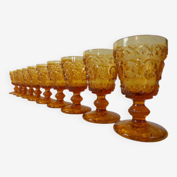 10 vintage pressed molded amber water glasses