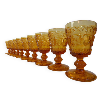 10 vintage pressed molded amber water glasses
