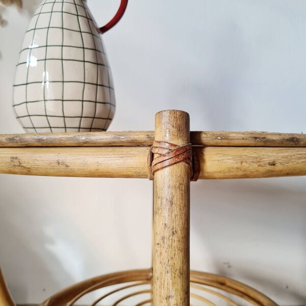 Table d'appoint vintage en rotin à deux plateaux ronds –1960