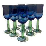 9 verres à pied en verre bleu et vert