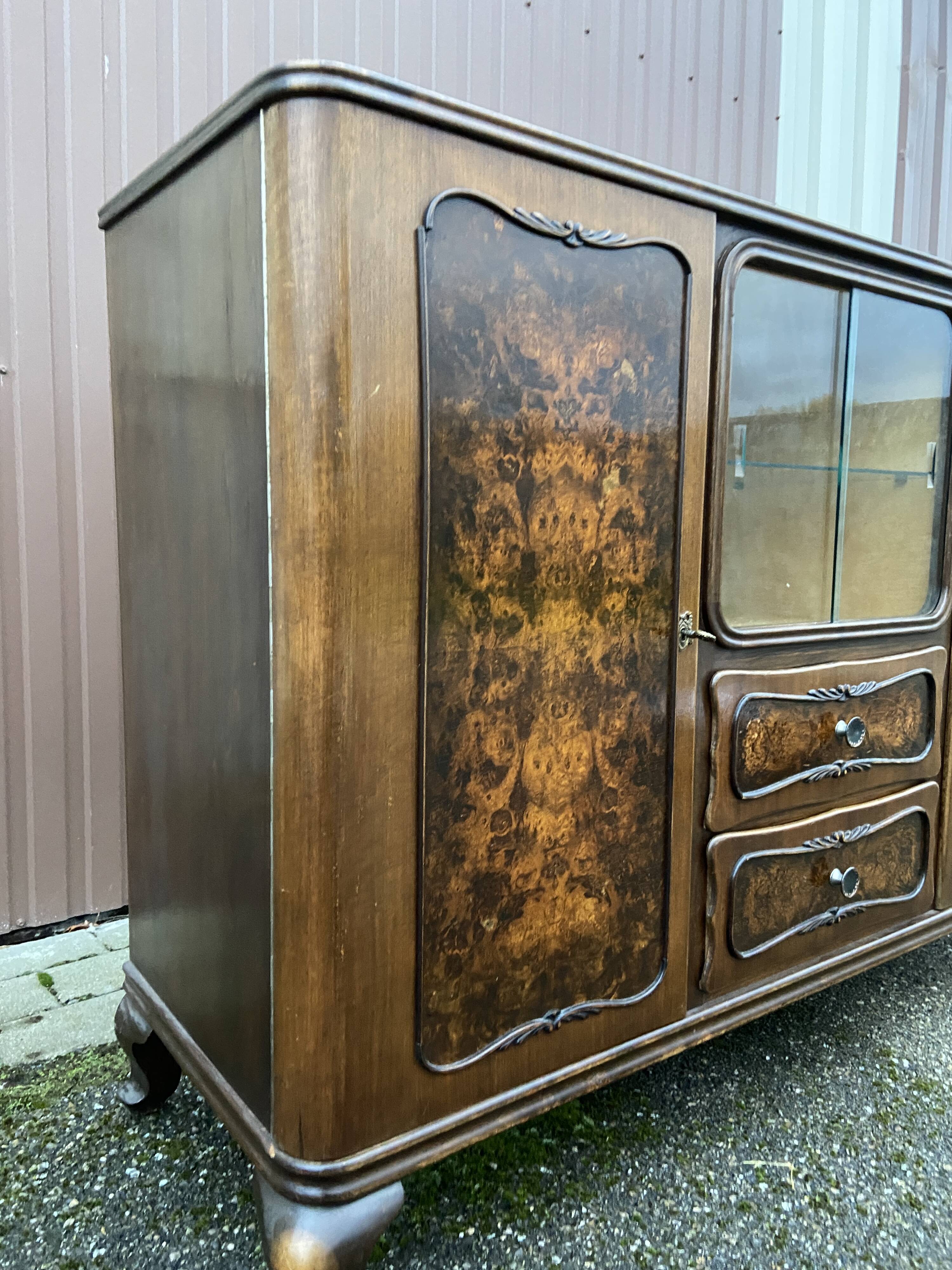 Art deco Chippendale sideboard Mid-century vintage 1950 Burl walnut