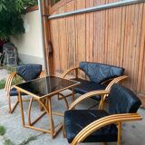 Mid-century leather sofa, 2 fotels, and table in sett