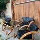 Mid-century leather sofa, 2 fotels, and table in sett