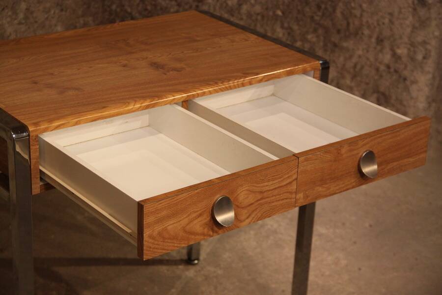 Small Desk 70 chrome leg laminated wood 2 drawers dressing table