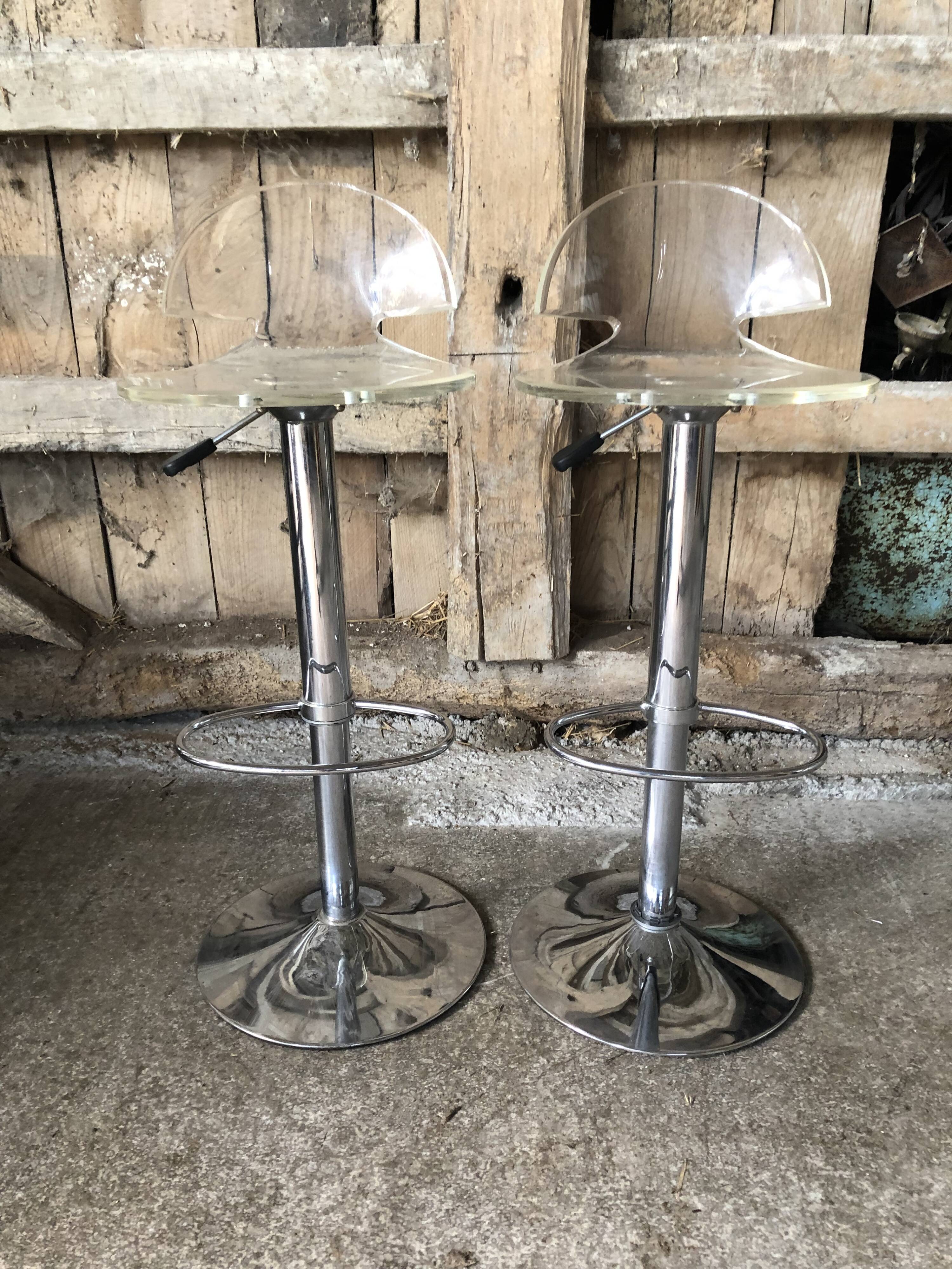 Pair Stool Foot Bar Tulip Metal Chrome + Seat Plexi Transparent Vintage