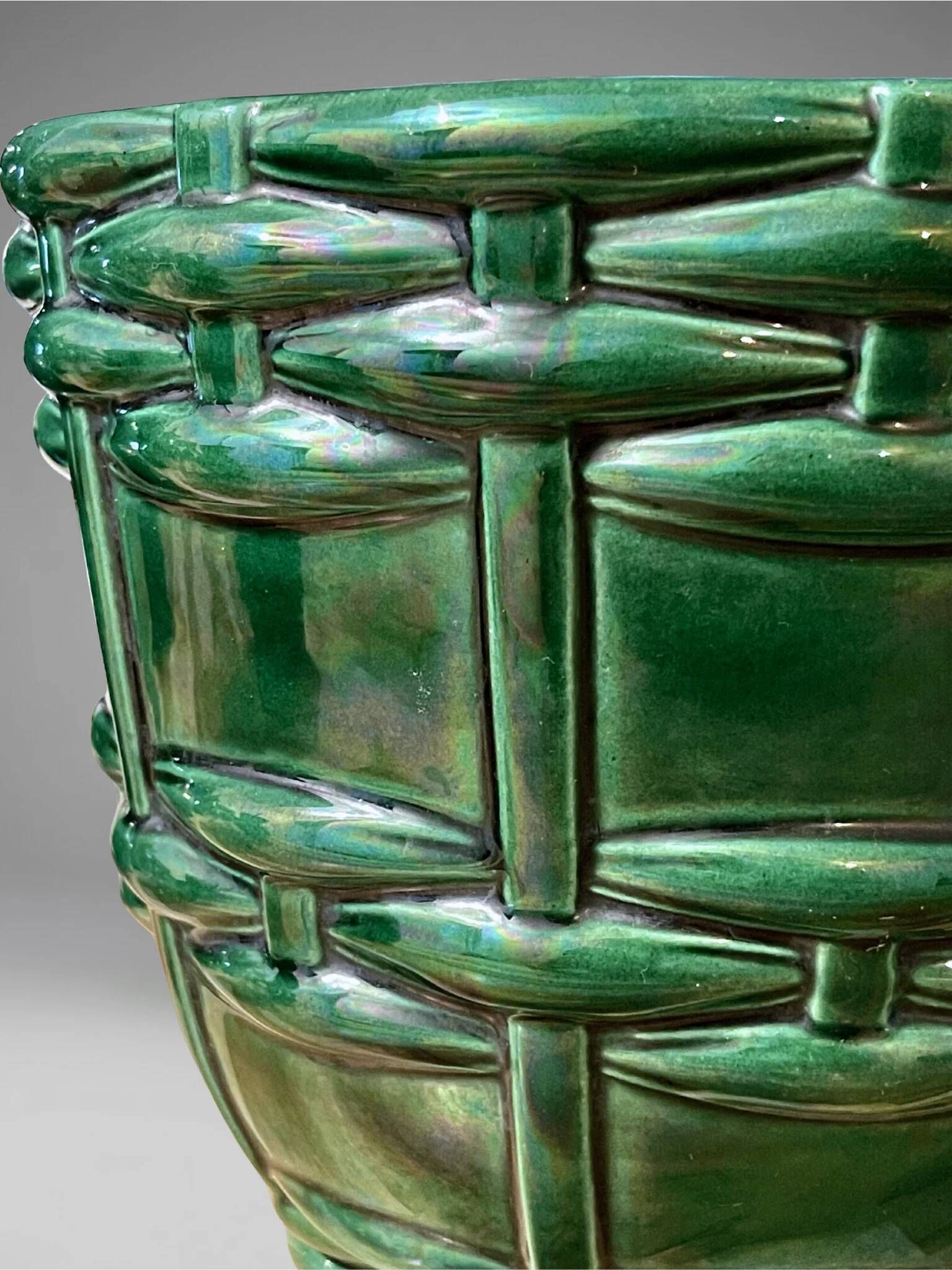 Cache-pot, Art Deco planter by Saint-Clément signed by Blanche Letalle in malachite green glazed ceramic.