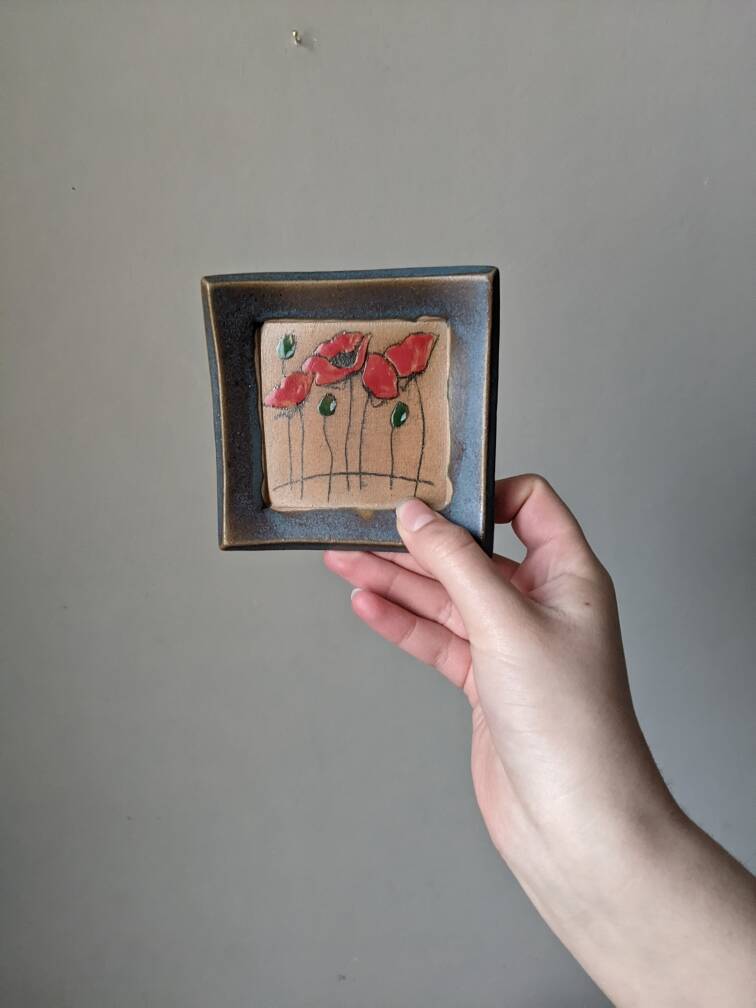 Handmade wall ceramic poppies bohemian countryside miniature
