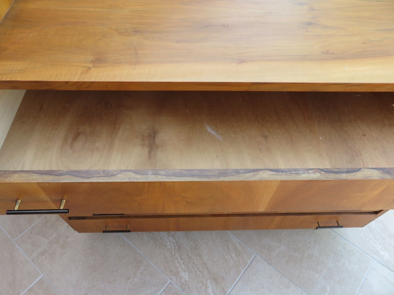 Teak chest of drawers and metal compass feet