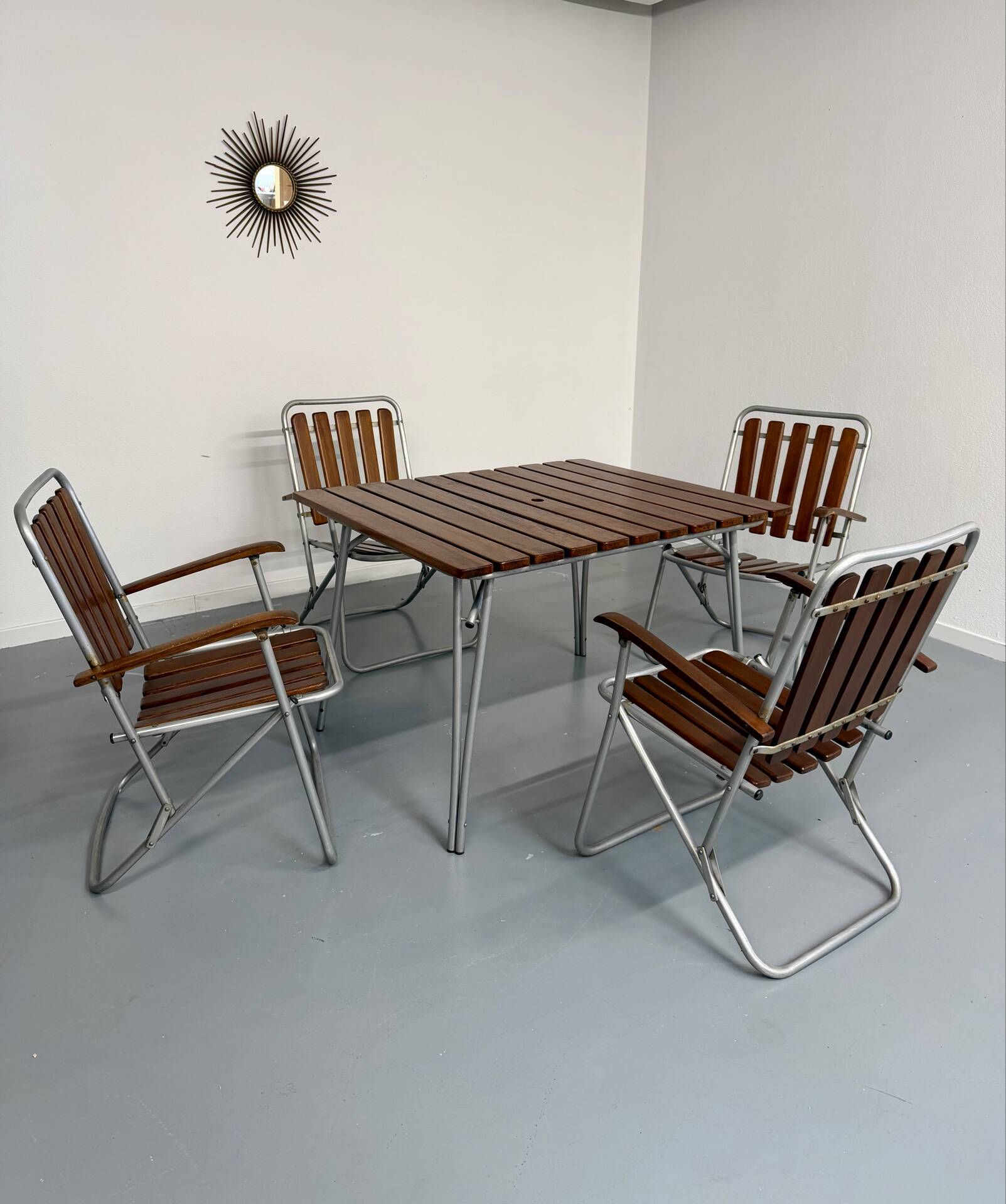 Vintage folding garden set table 4 chairs wood and metal 1960