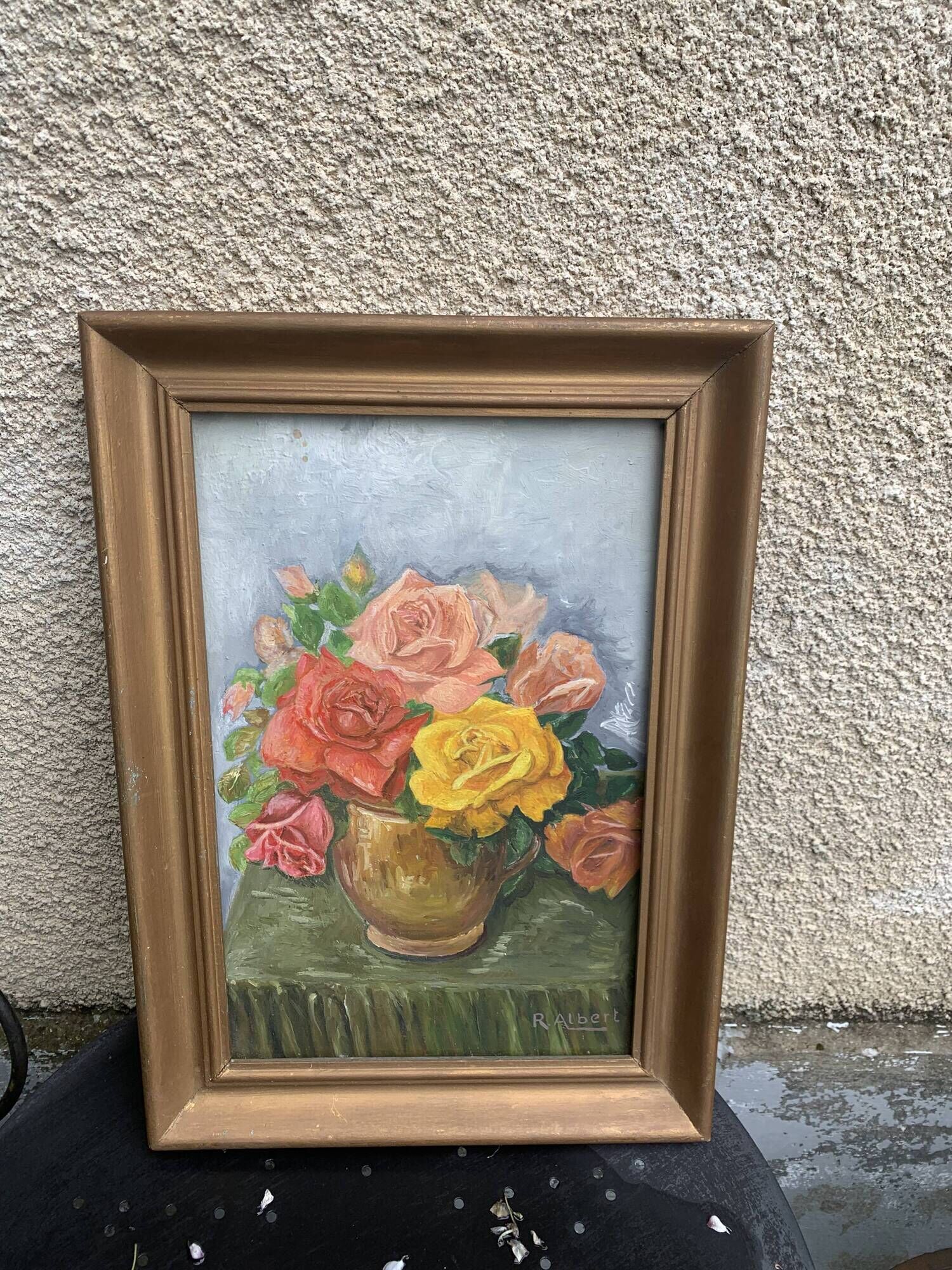 Painting on framed wood panel the bouquet of roses signed and vintage