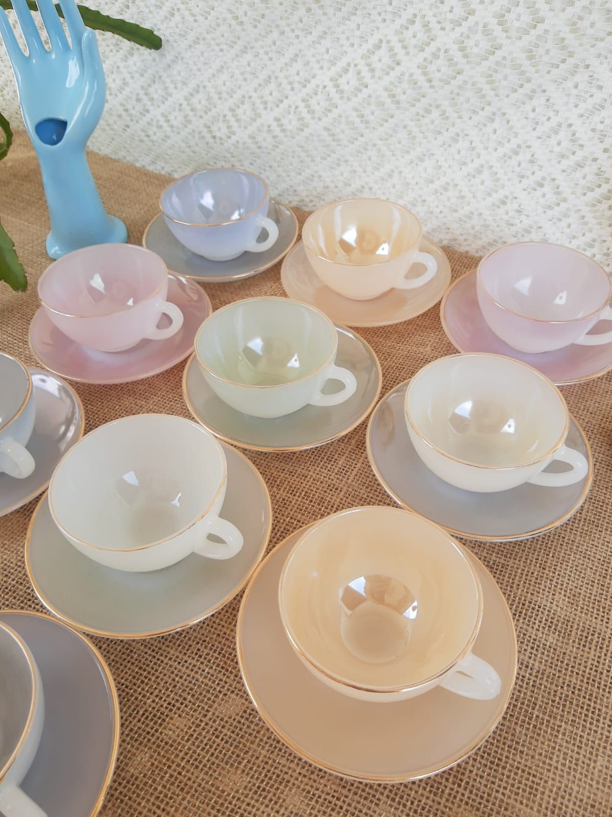 Set of 10 cups and under cups harlequin Arcopal France - vintage