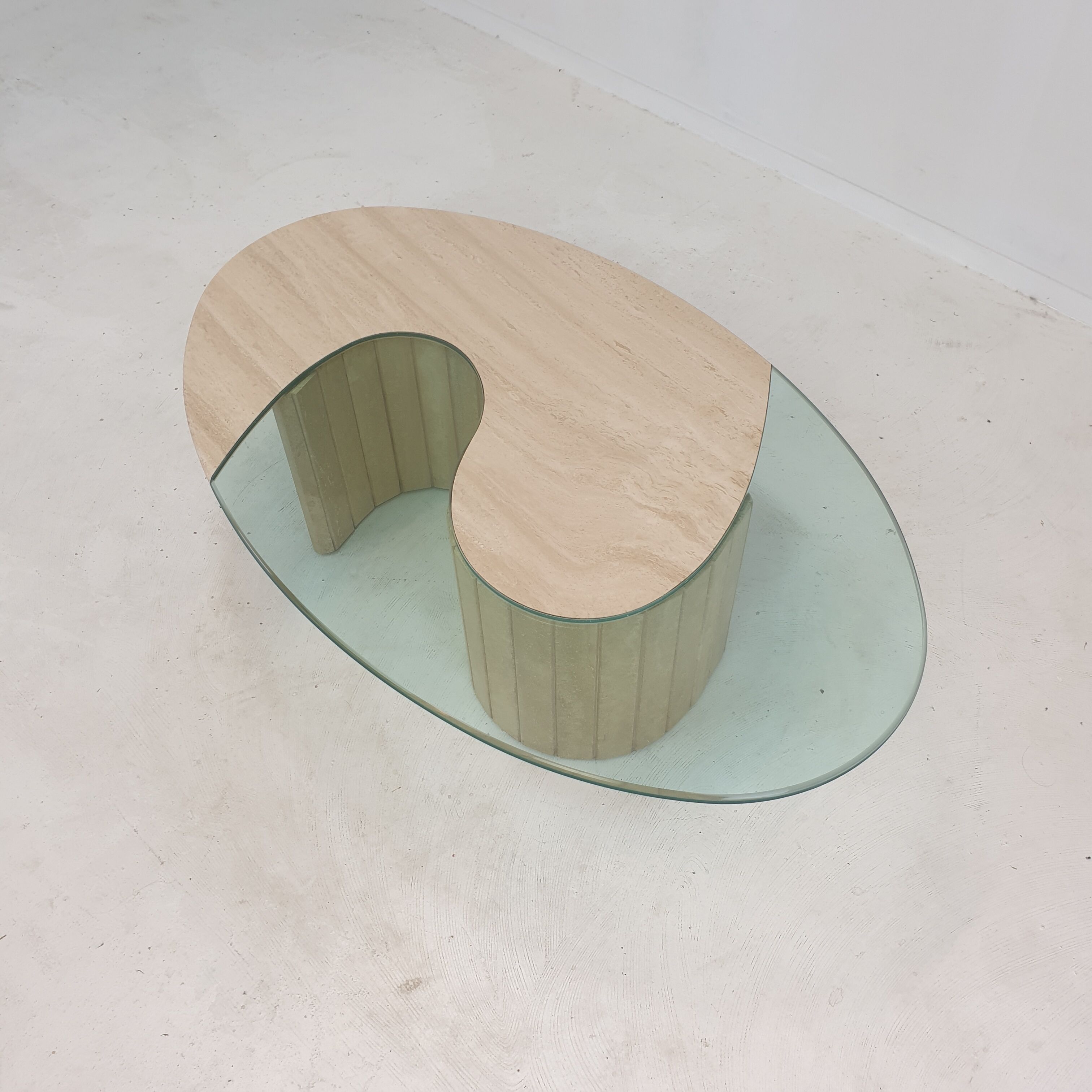 Italian travertine and glass coffee table, 1980's