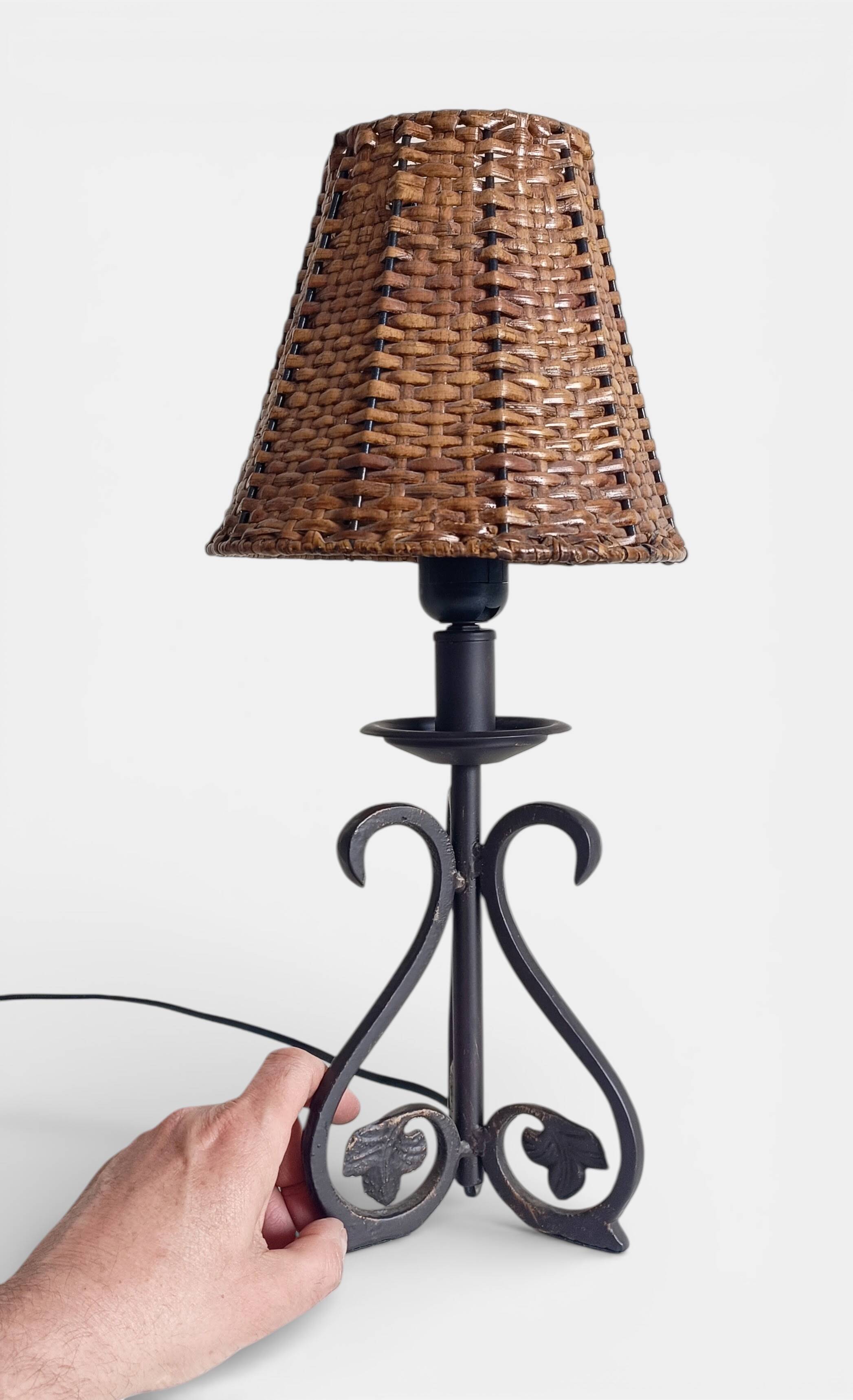 Spanish Hand Forged Wrought Iron Table Lamps with Hand Woven Wicker Shades