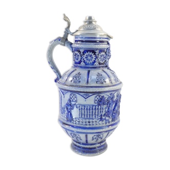 Large pitcher with gres Blue Ceramic ALLEMENAND WESTERWALD Meal scene