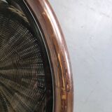 Vintage rattan coffee table with smoked glass top and rattan basket shelf