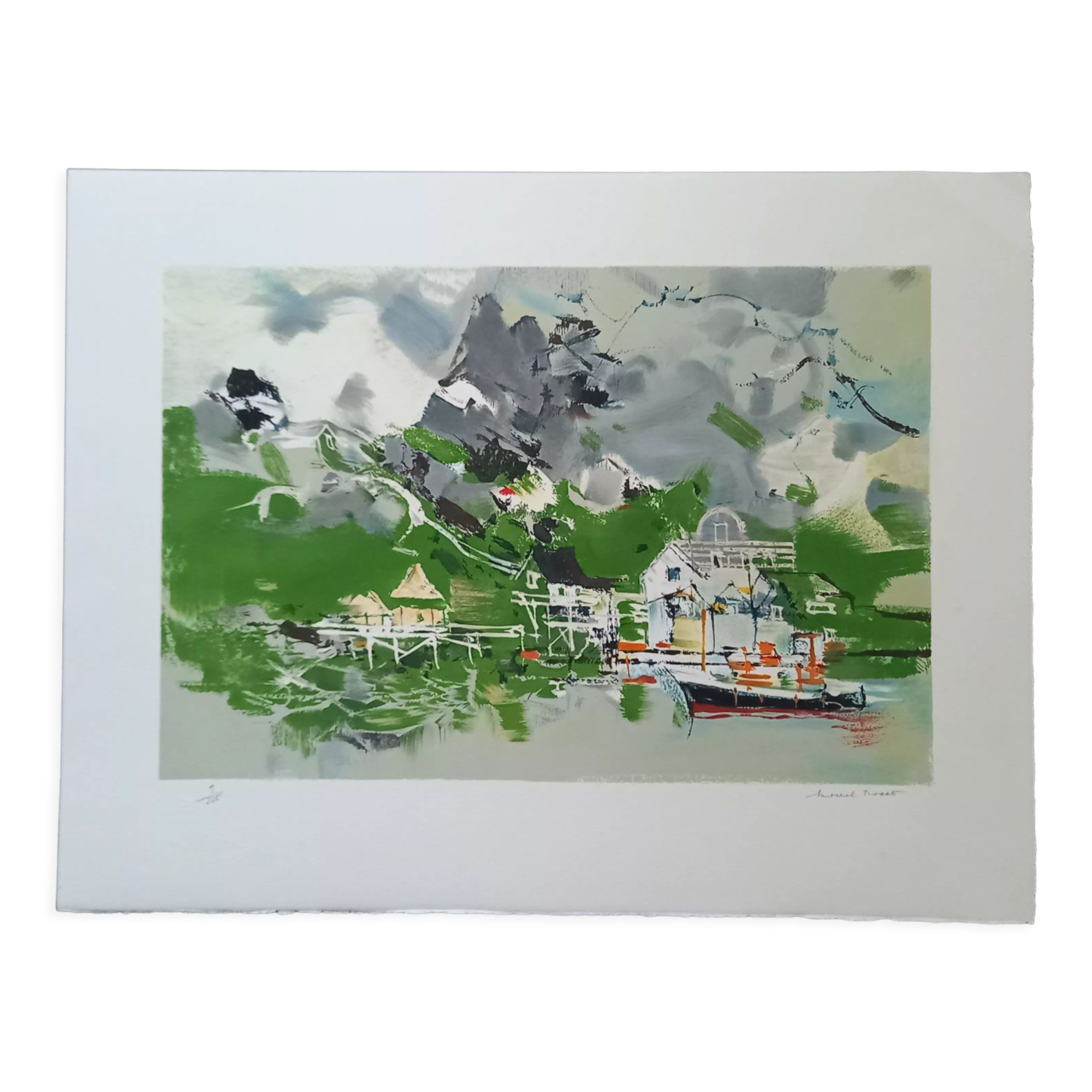 Original lithograph by Michel Rodde (1913-2009), "Norway, fishing village on stilts", 1994