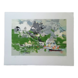 Original lithograph by Michel Rodde (1913-2009), "Norway, fishing village on stilts", 1994