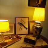 Living room mood lamp, silver metal base, wooden base, pleated lampshade