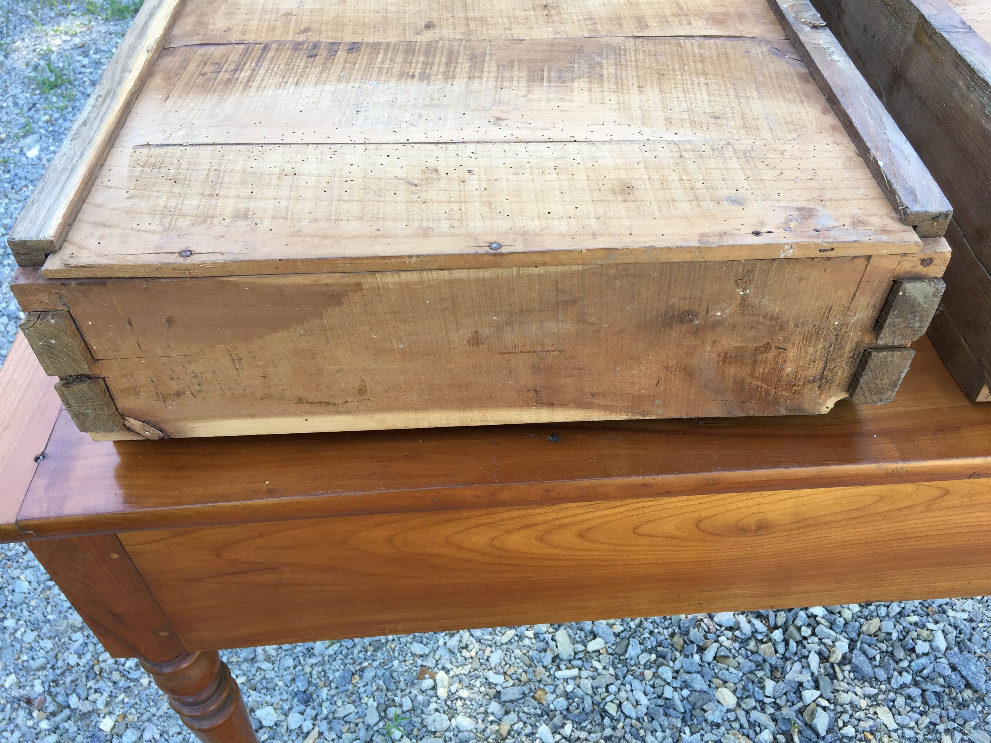 Old farmhouse table louis Philippe style in solid cherry with turned feet.