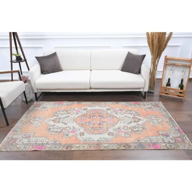 1970s Turkish Oushak Handmade Wool Cotton Orange Area Rug 121x220