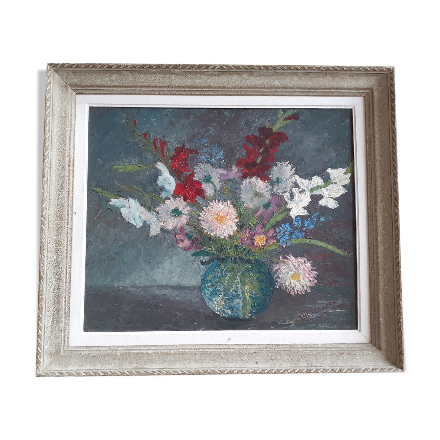 Table bouquet of flowers dahlias gladiolus