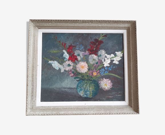 Tableau bouquet de fleurs dahlias glaïeuls