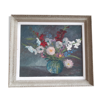 Table bouquet of flowers dahlias gladiolus