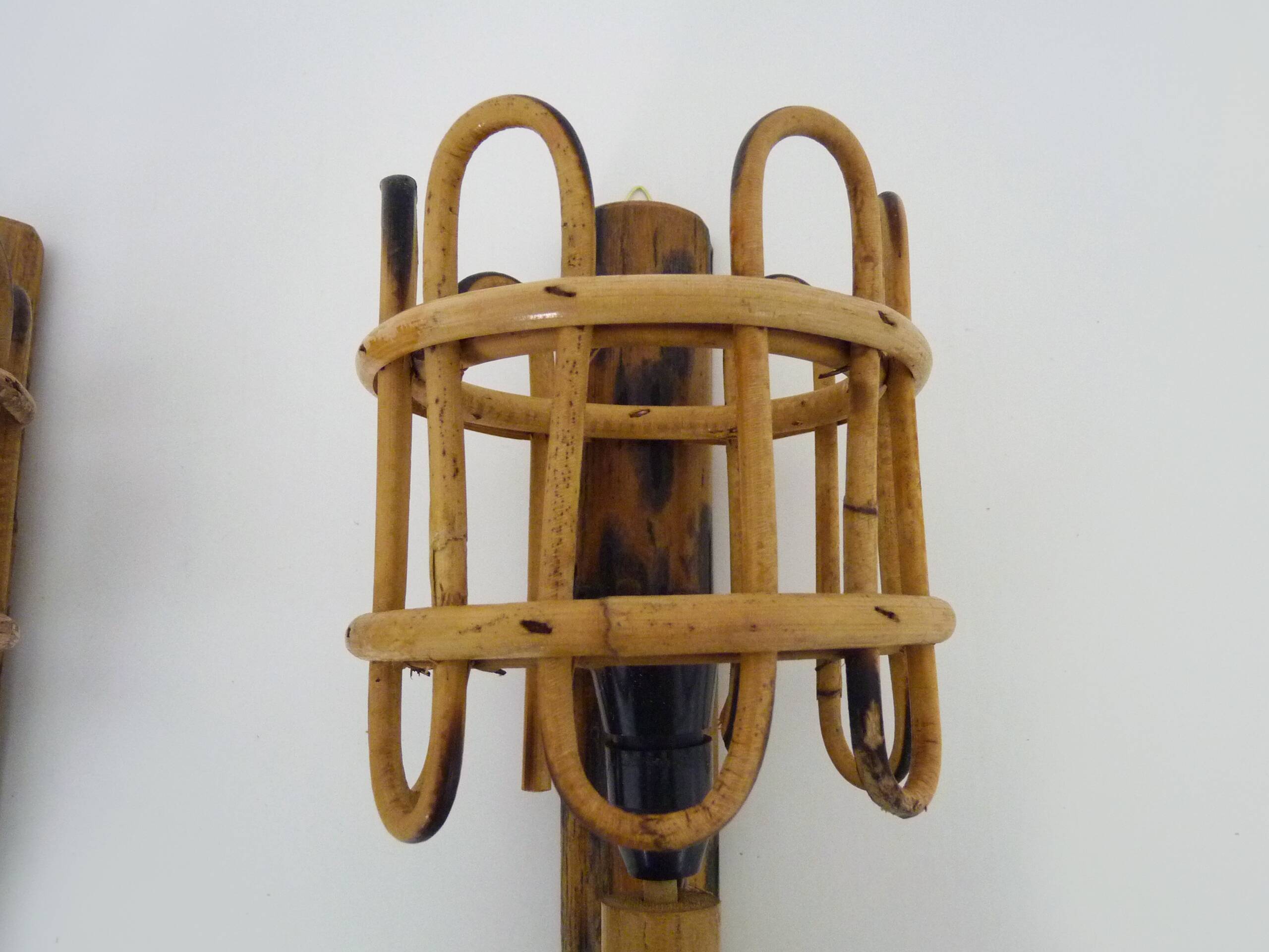 Pair of rattan bamboo lantern wall lights. 1950s-1960s
