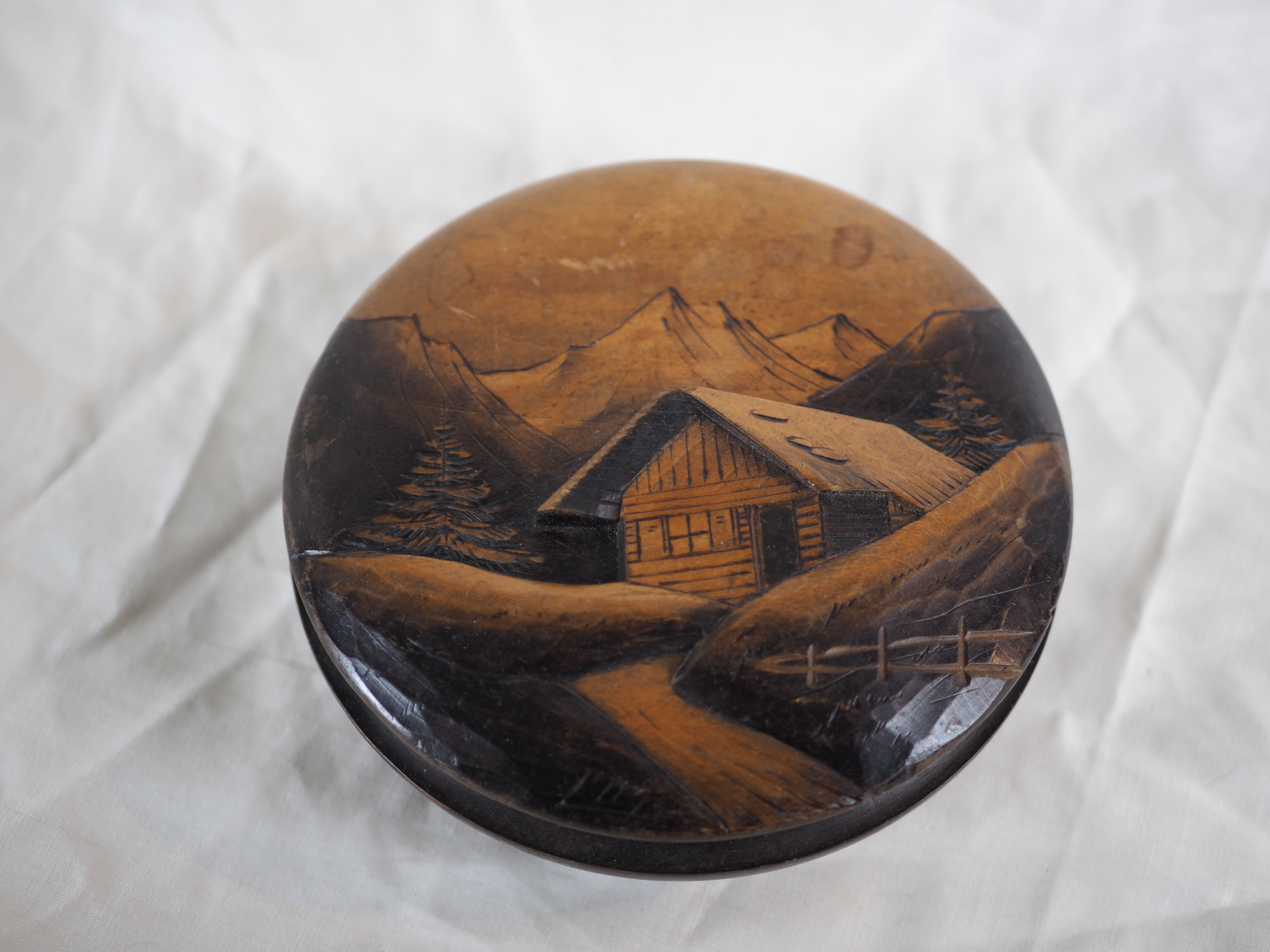 Large blackened wooden box mountain landscape folk art early / mid twentieth