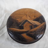 Large blackened wooden box mountain landscape folk art early / mid twentieth