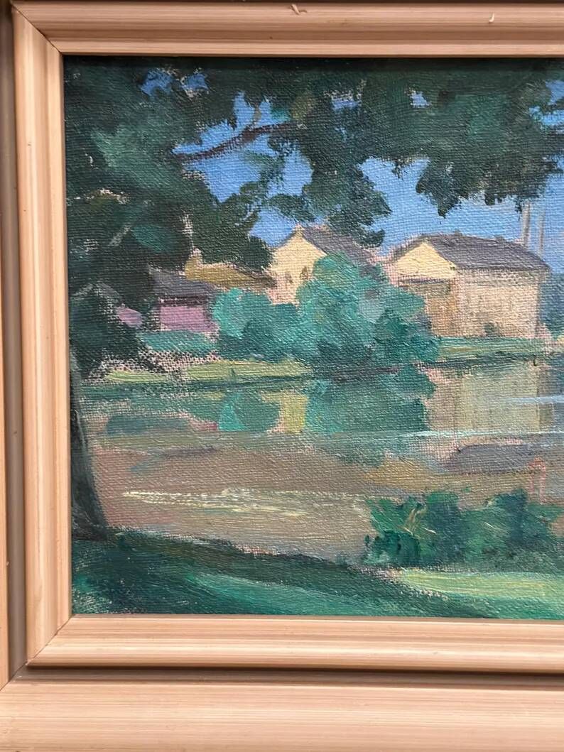 Original Oil on Canvas – “House near The Lake” by Fern I. Coppedge – Signed – Vintage & Framed – 30 × 24 cm (11.8" × 9.4")