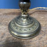 Ornate brass table lamp with mint green glass shade
